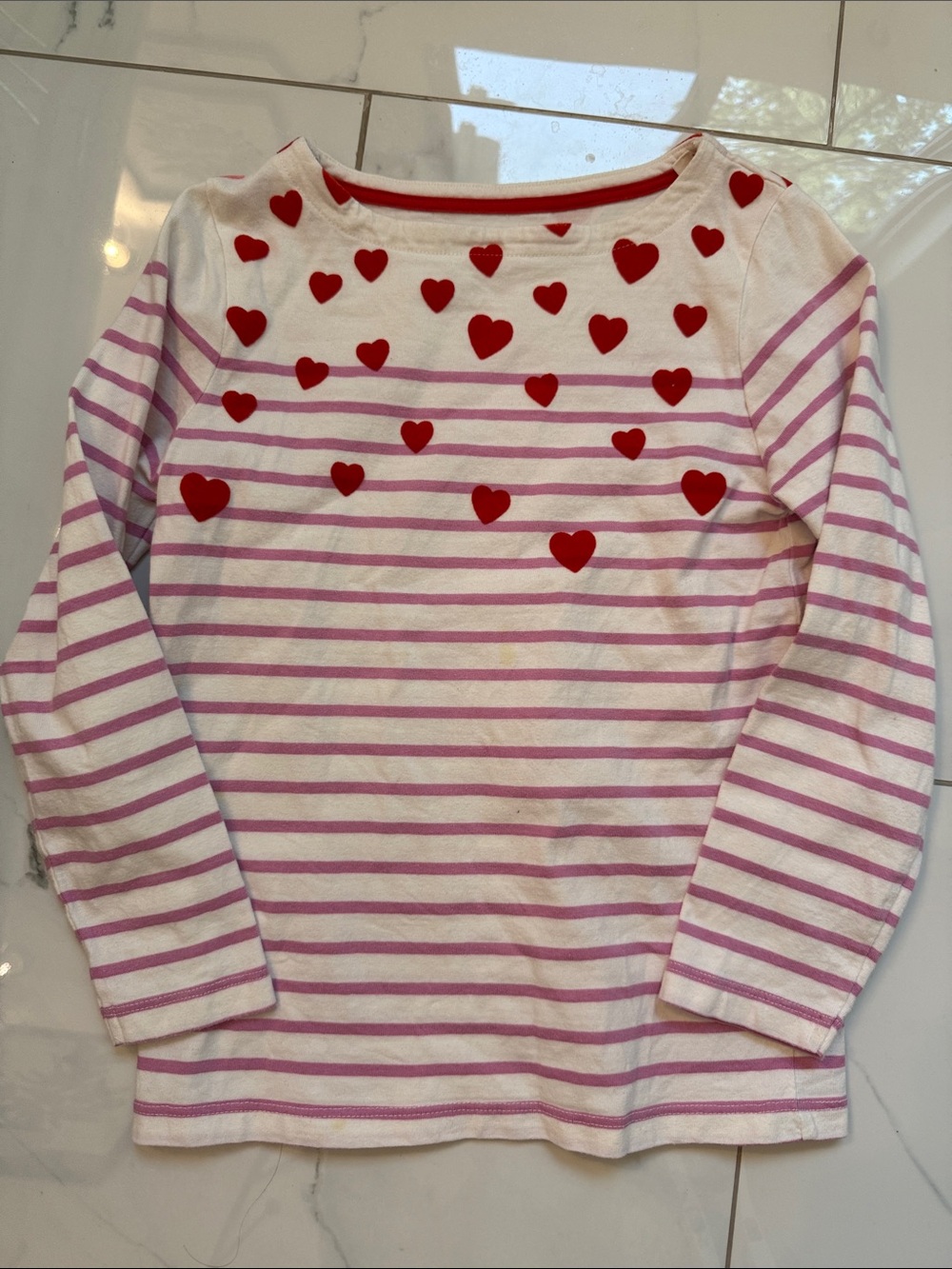 Mini Boden Pink & Red Heart Stripe Long-Sleeve Tee